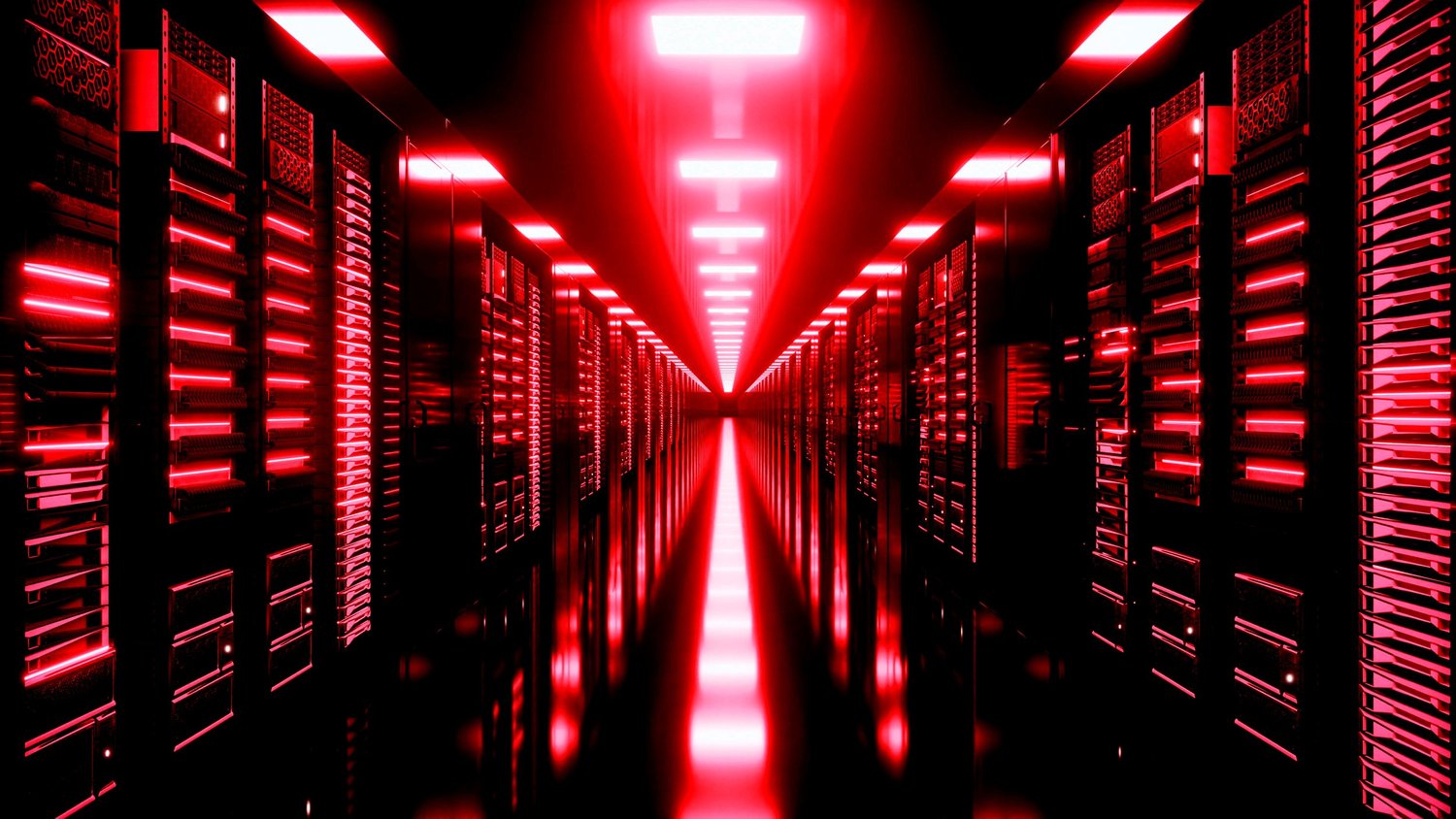 A data center bathed in red light